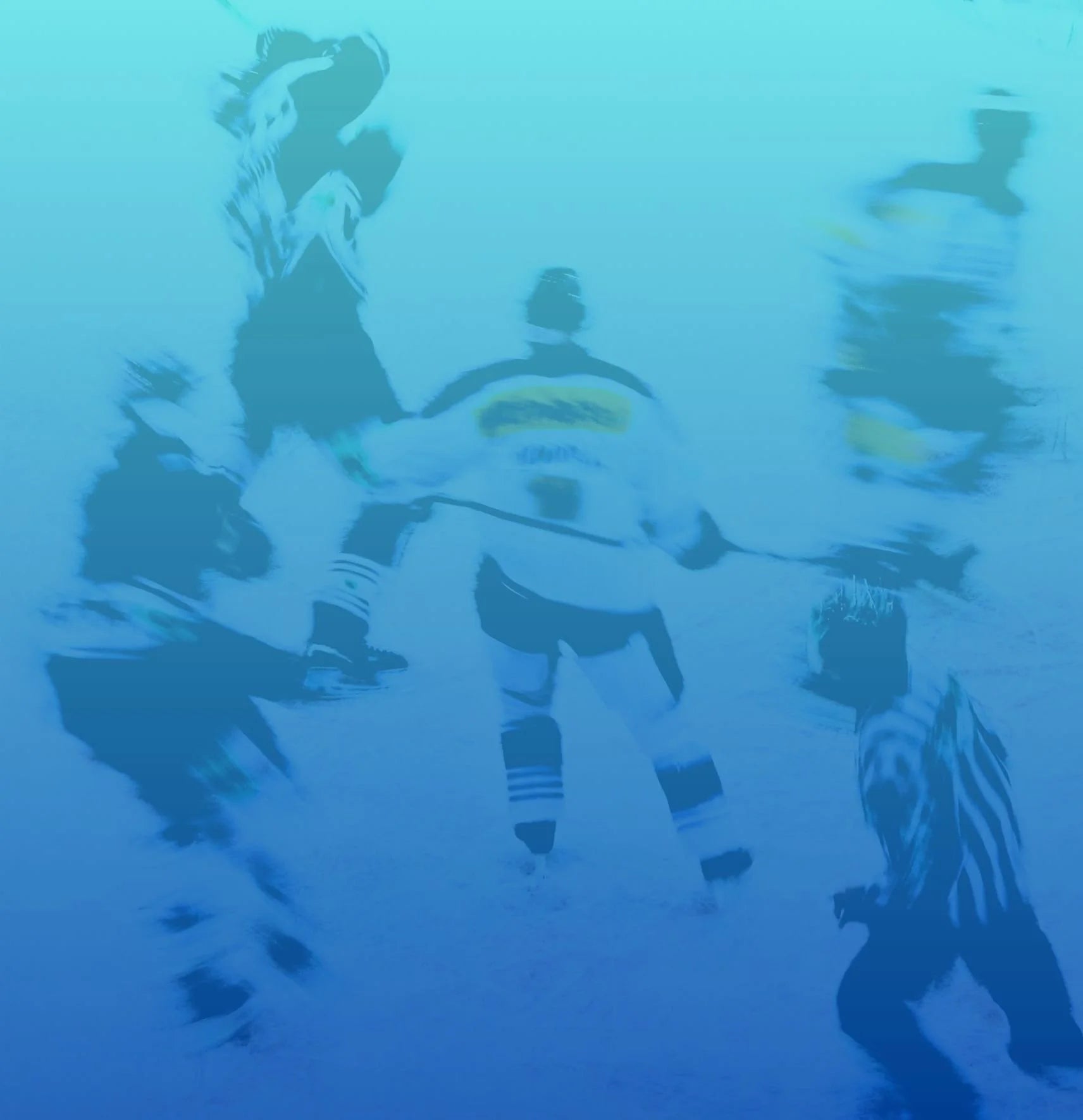 Blue-tinted reflection of hockey players on an ice rink
